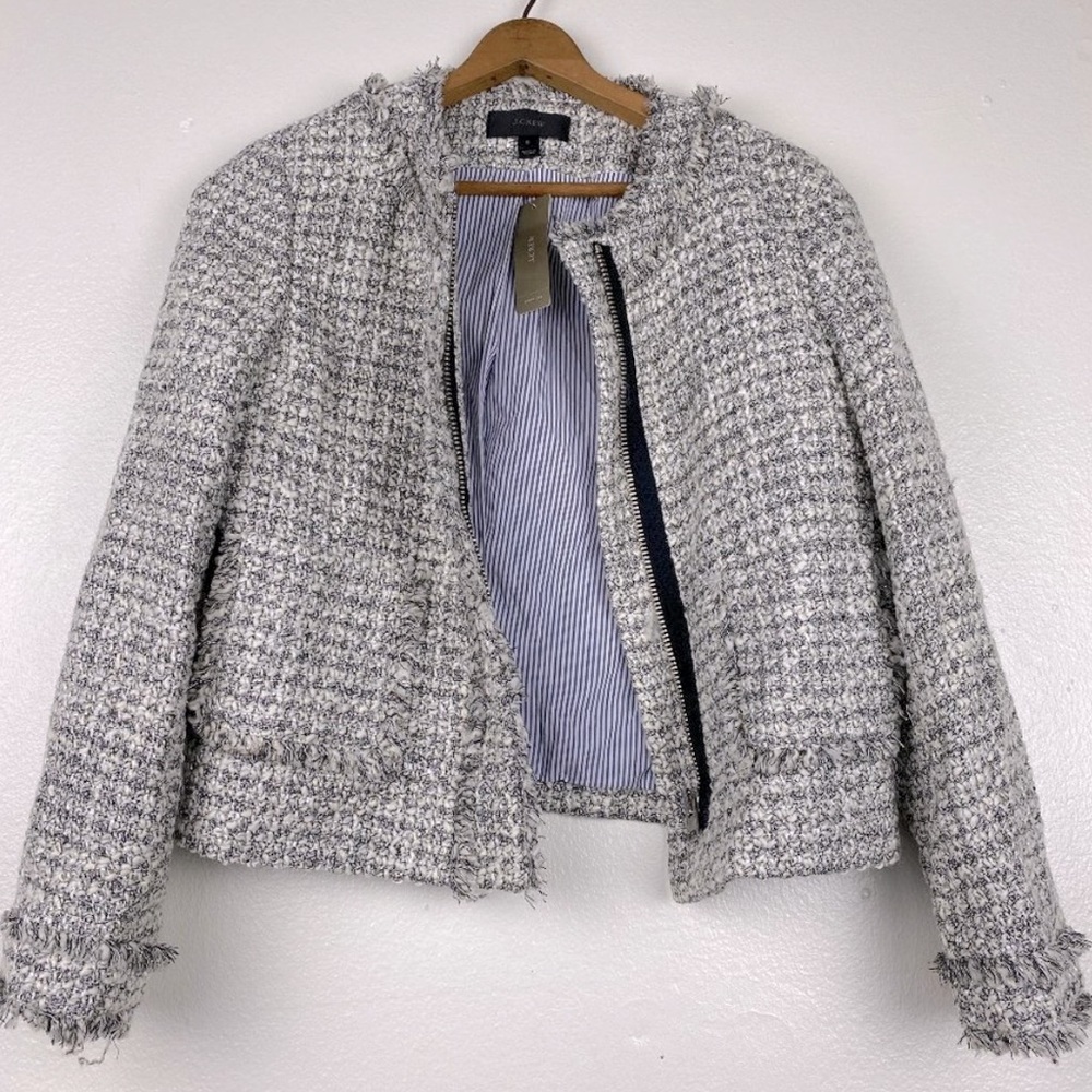 J Crew Fringe Tweed Jacket 8 silver